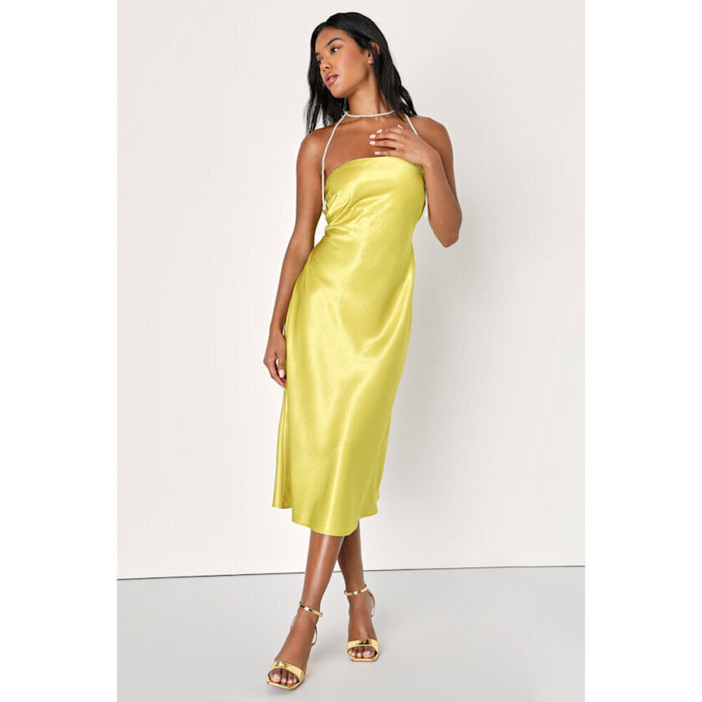Lulus Idyllic Nights Charteuse Satin Strapless Cowl Back Midi Dress Green